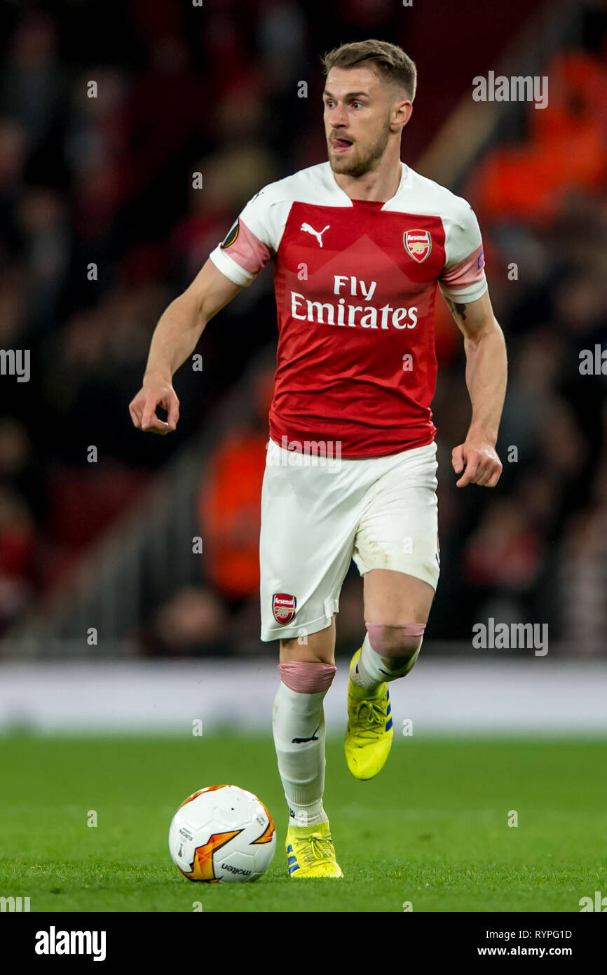 Londra, Regno Unito. Xiv Mar, 2019. Aaron Ramsey di Arsenal durante la UEFA Europa League Round di 32 seconda gamba match tra Arsenal e Rennes presso l'Emirates Stadium di Londra, Inghilterra il 14 marzo 2019. Foto di Salvio Calabrese. Solo uso editoriale, è richiesta una licenza per uso commerciale. Nessun uso in scommesse, giochi o un singolo giocatore/club/league pubblicazioni. Credit: UK Sports Pics Ltd/Alamy Live News Foto Stock