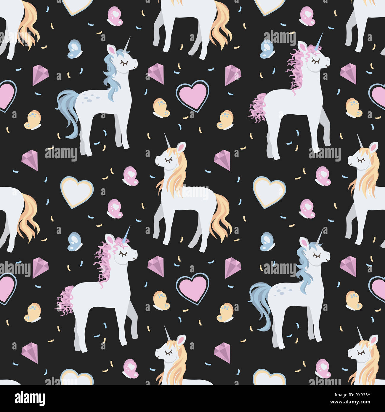 Cartoon carino seamless pattern con unicorns bianco con oro e rosa manes, cuori e farfalle on dark sfondo nero Foto Stock