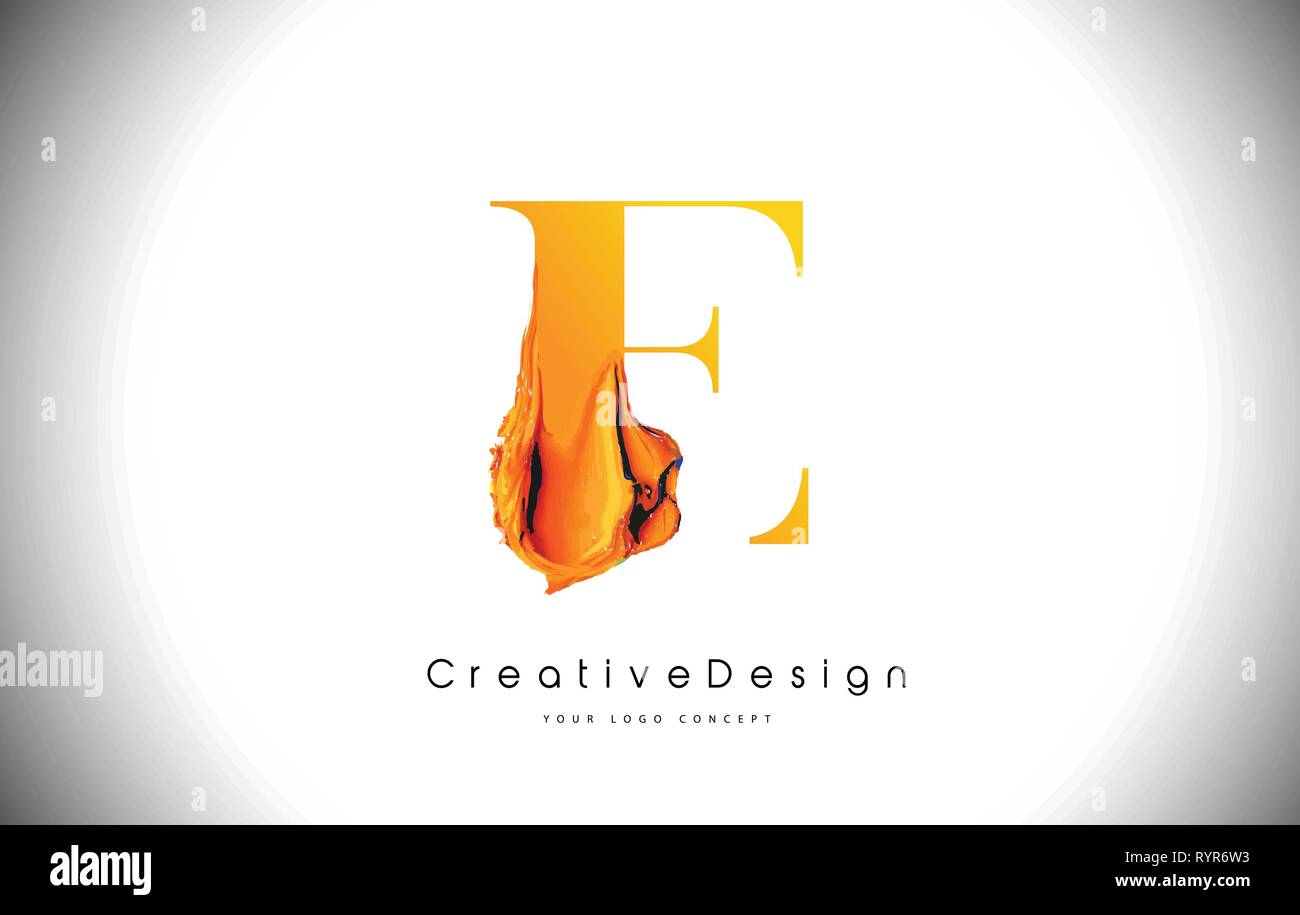 E Orange Lettera Design spazzola corsa di vernice. Oro giallo e lettera icona Logo con pennello artistico illustrazione vettoriale Illustrazione Vettoriale