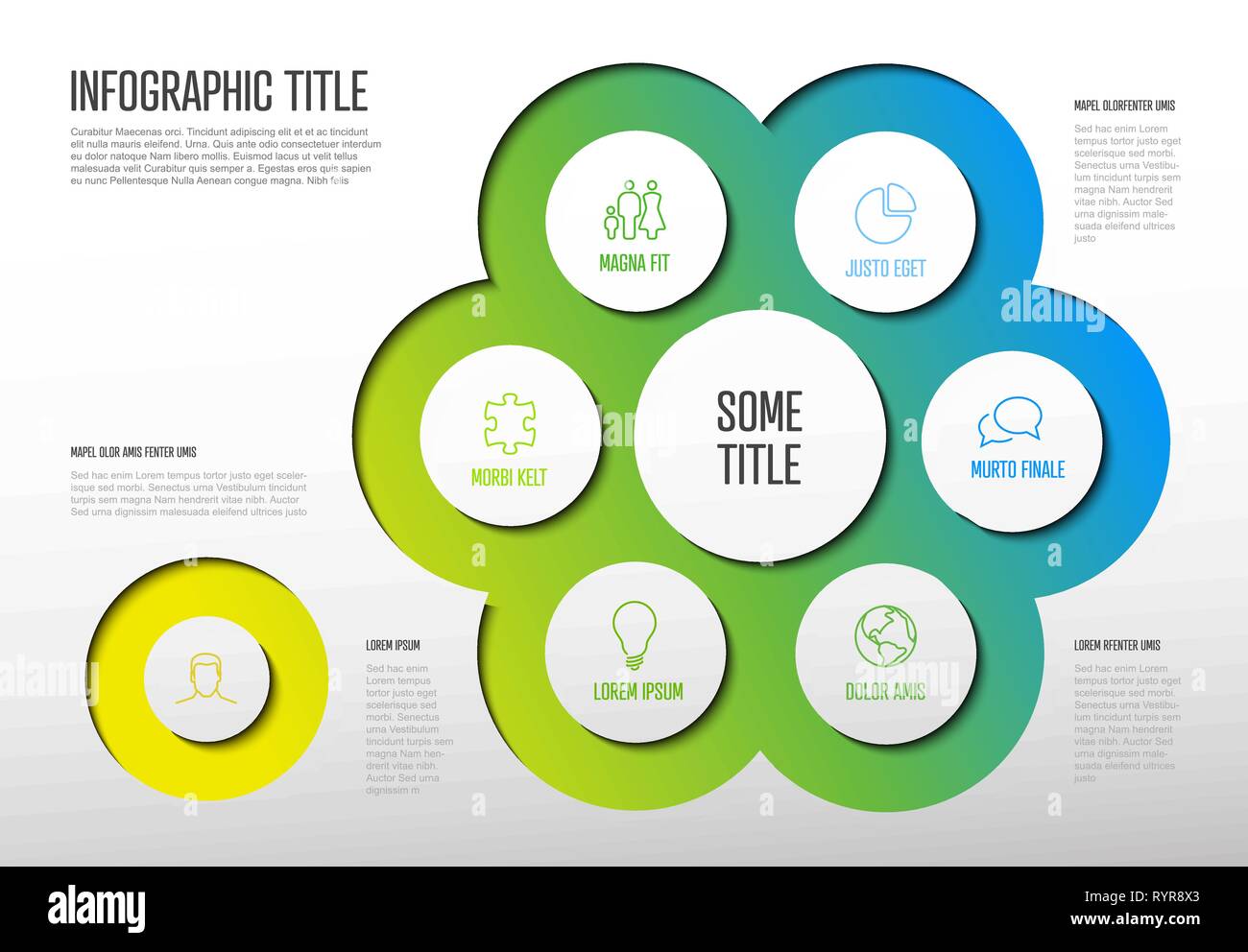 Vettore Infografico multiuso modello con sei opzioni di elementi e colori moderni su uno sfondo luminoso Illustrazione Vettoriale