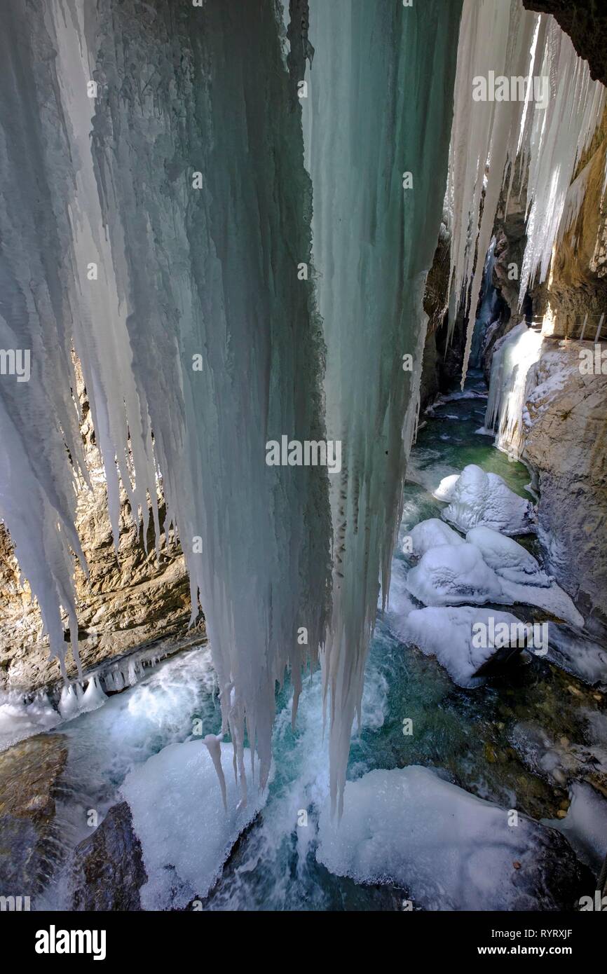 Neve, ghiaccio, ghiaccioli in inverno nella gola di Partnach, Garmisch-Partenkirchen, Werdenfelser Land, Alta Baviera, Baviera, Germania Foto Stock