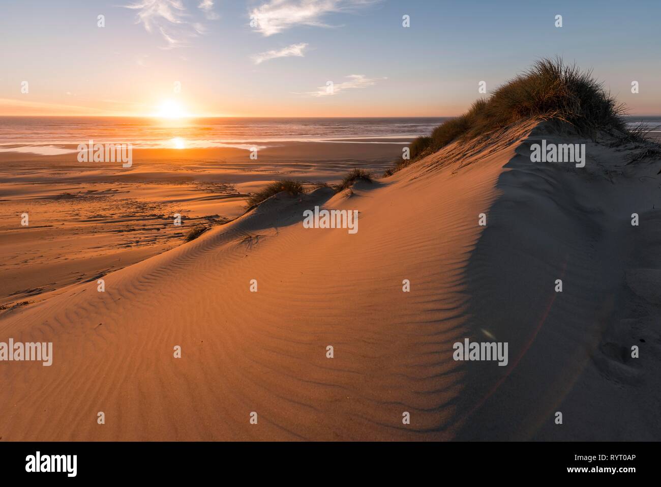 Tramonto all'ampia spiaggia di sabbia con dune di sabbia sulla costa, ontano Duna, Baker Beach, viewpoint Holman Vista, Oregon, Stati Uniti d'America Foto Stock