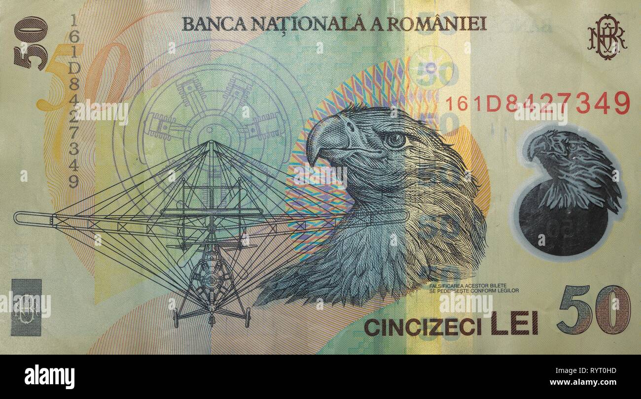 La banconota retromarcia, Romanian banconota 50 Lei, Romania Foto Stock