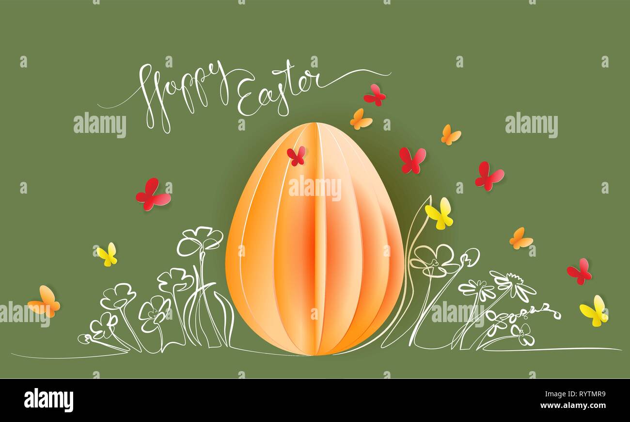 Felice Pasqua card. Disegnata a mano con fiori di carta tagliato uovo e butterfly. Vettore design carta illustrazione. Continuo di uno stile della linea. Illustrazione Vettoriale