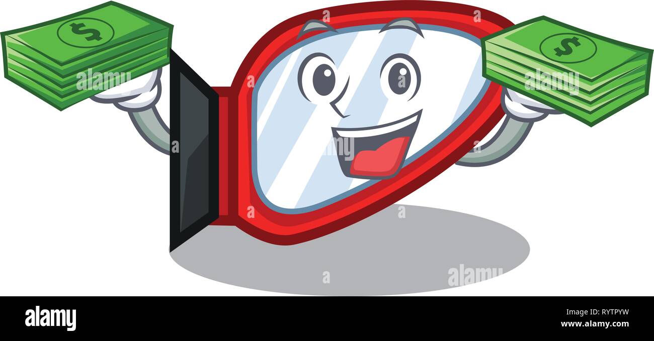 Con il sacco di denaro lo specchietto laterale in una scatola di cartone animato Illustrazione Vettoriale