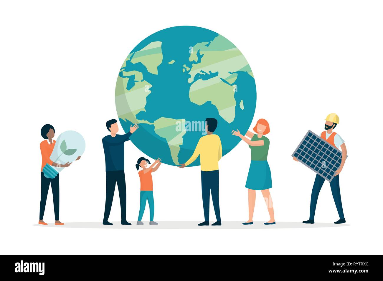 Gruppo multietnico di persone il supporto di massa e la protezione dell'ambiente, essi sono la scelta di risorse energetiche rinnovabili e tra loro cooperanti, bianco Illustrazione Vettoriale