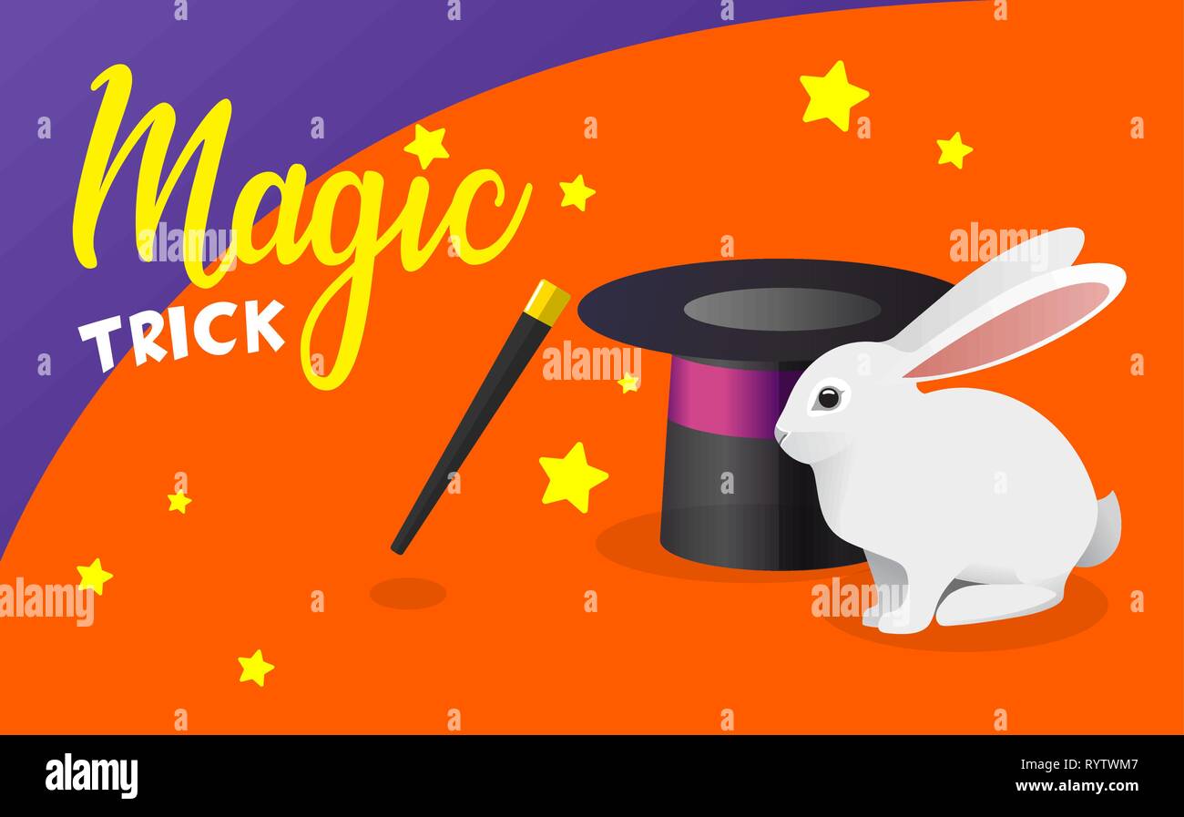Banner di vettore con divertenti coniglio bianco, magic hat e bacchetta magica. Trucco con un coniglio fuori da un cappello. Piccolo coniglio bianco, nero top hat e bacchetta magica per Illustrazione Vettoriale