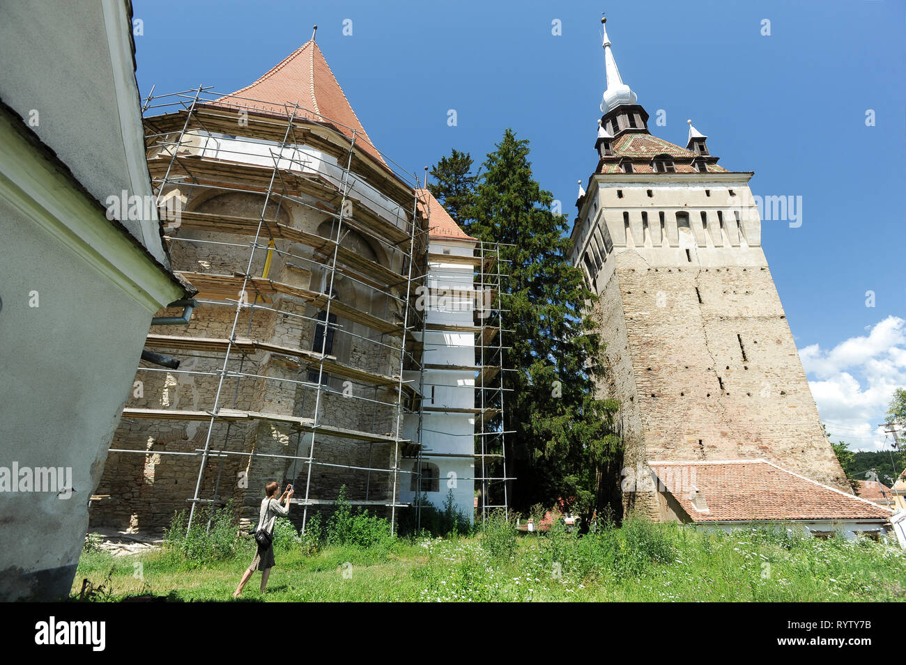 Gotica fortificata Biserica din (Saschiz Saschiz chiesa fortificata) costruito 1493 al 1525 sassoni della Transilvania in Saschiz, Romania. 20 luglio 2009, elencati Foto Stock