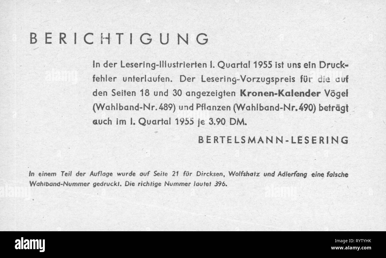 Commercio, commercio di libri, messaggio di errore di "Bertelsmann Lesering', 1955, Additional-Rights-Clearance-Info-Not-Available Foto Stock
