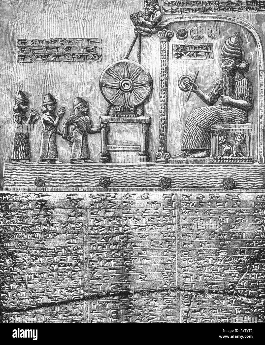 La religione, adorare il sole, Babilonese dio sole, dopo il sollievo da sun tempio di Sippar, 852 BC, oggi il British Museum di Londra, incisione su legno, secolo XIX, Additional-Rights-Clearance-Info-Not-Available Foto Stock