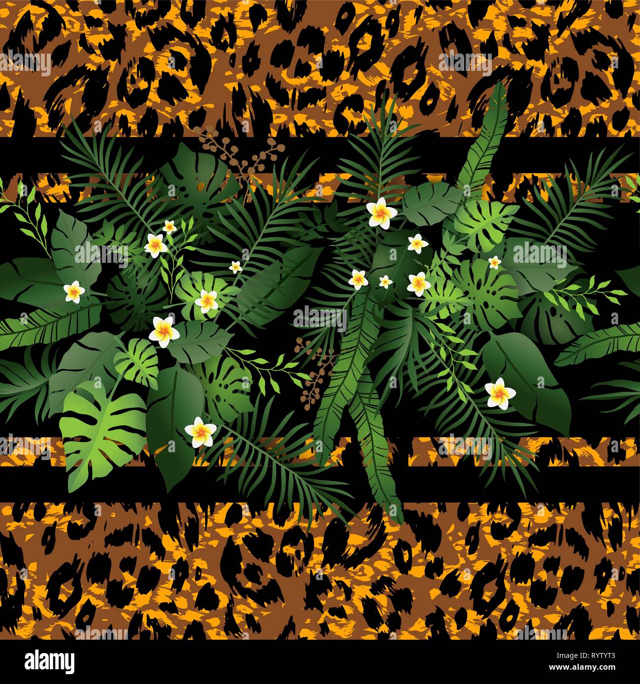 Modello senza giunture esotico sfondo floreale. Fiori tropicali e lascia sulla pelle di animale sullo sfondo. Verde e Leopard print design uniforme Illustrazione Vettoriale