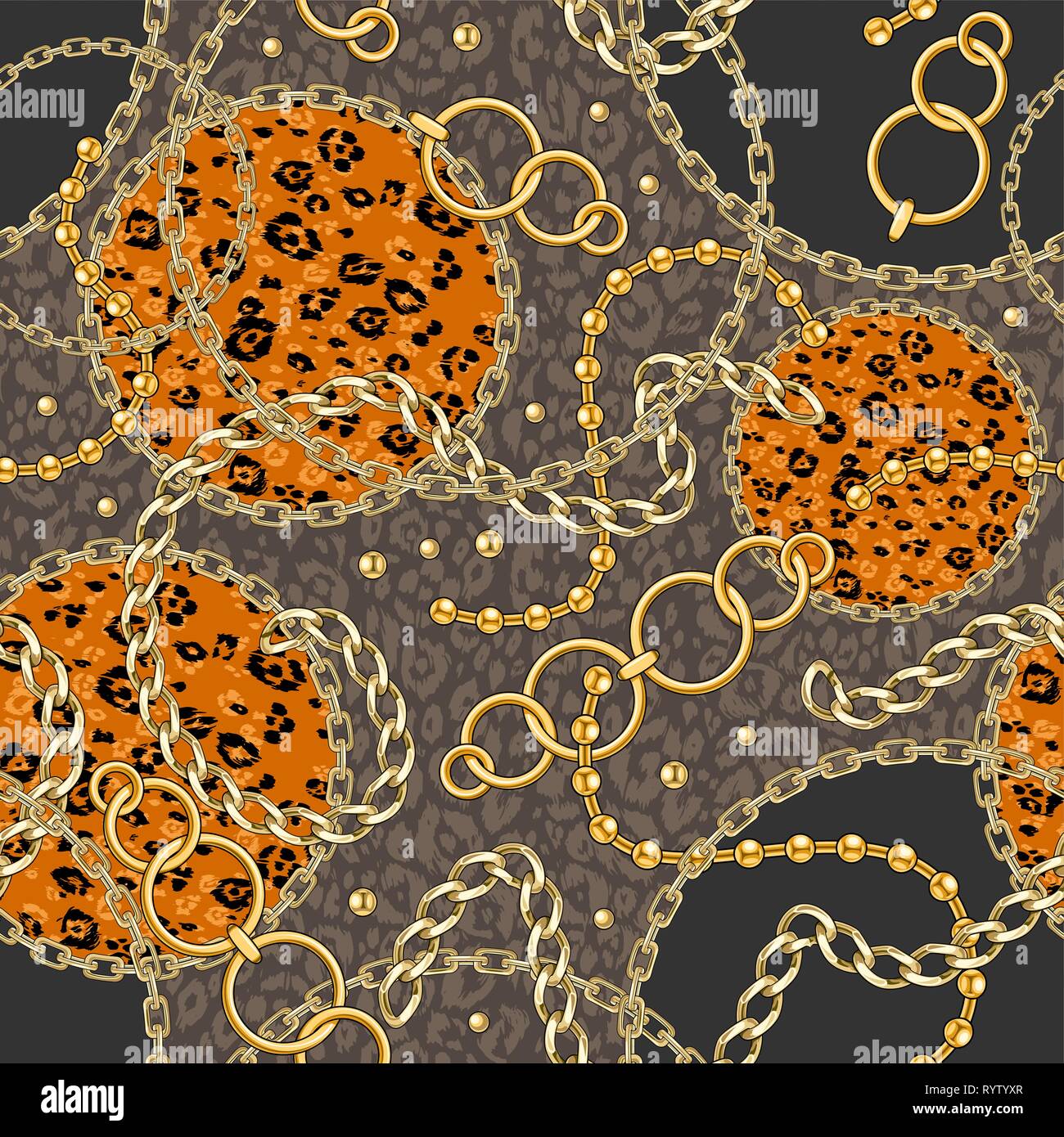 Abctract seamless pattern con catena dorata con pelle di animale sfondo per tessuto. Alla moda di ripetizione stampa leopard. Illustrazione Vettoriale