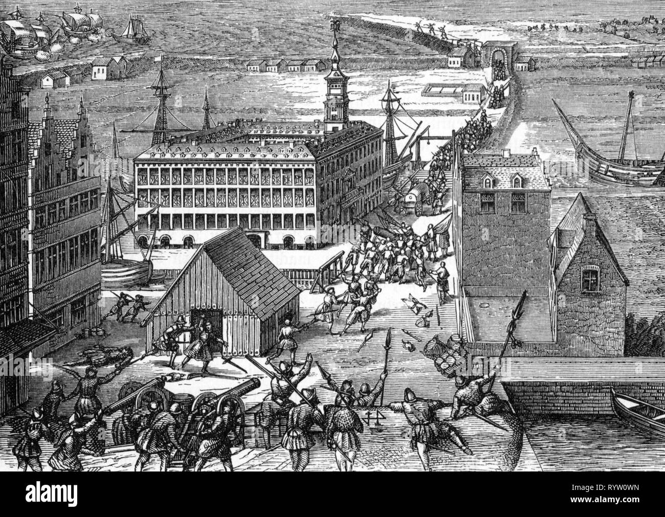 Ottanta anni fa la guerra 1568 - 1648, saccheggio di Anversa, novembre 1576, soldati spagnoli sono storming l'Hanse corte, incisione su legno, secolo XIX, Spagnolo furia, banda di soldati, bande di soldati mercenari, mercenario, truppe militari, Paesi Bassi spagnoli, Burgundian Circolo Imperiale, Ducato di Brabante, Sacro Romano Impero, HRE, Belgio, del XVI secolo, la folla folla folla di gente, guerra, le guerre, i saccheggi, saccheggia, Anversa, Antwerpen, soldati, soldato, Storm, storming, storico, storico, artista del diritto d'autore non deve essere cancellata Foto Stock