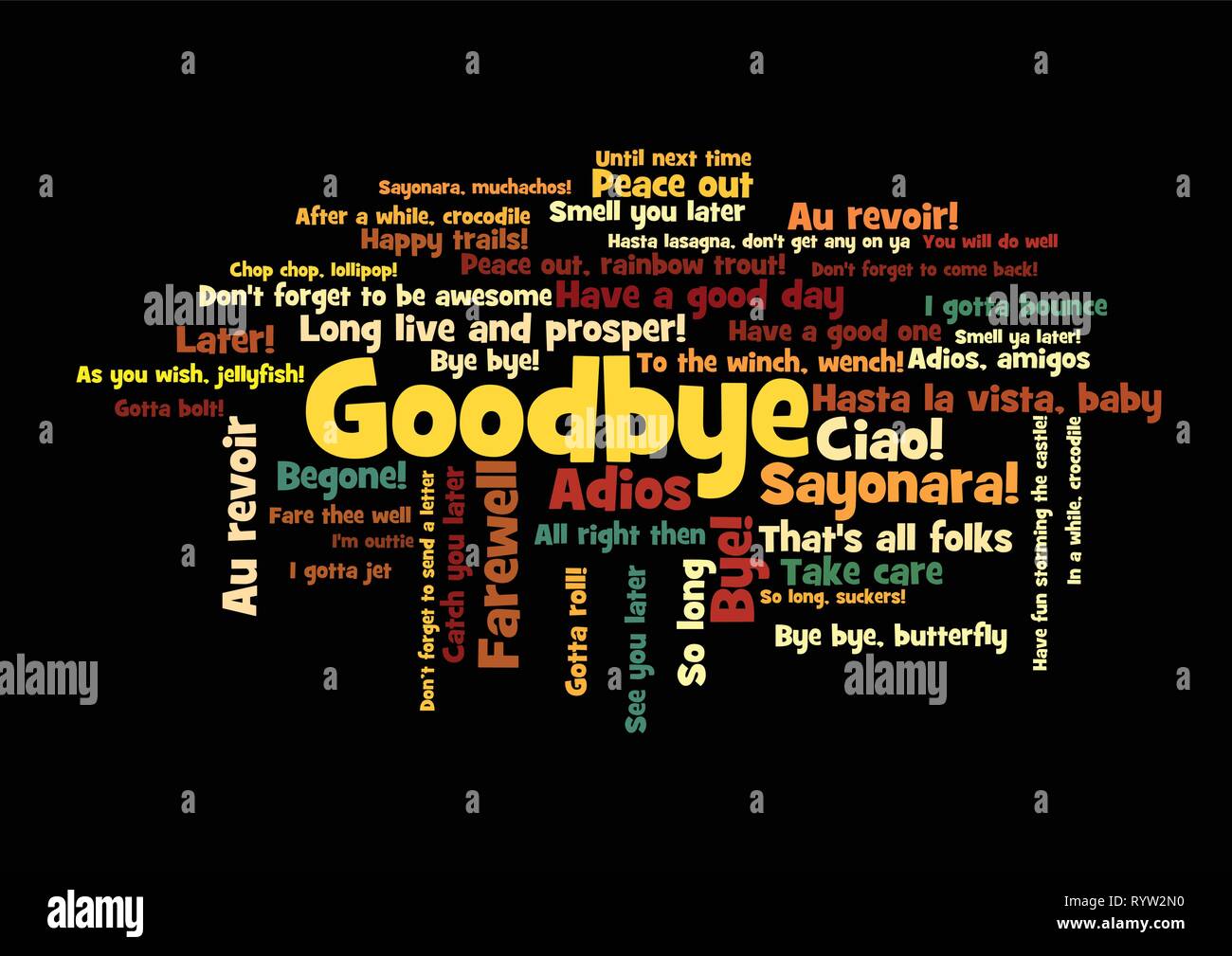 Addio parola Tag Cloud, mostra parole e frasi come esprimere sentimenti quando dire addio, vettore ESP10 Illustrazione Vettoriale