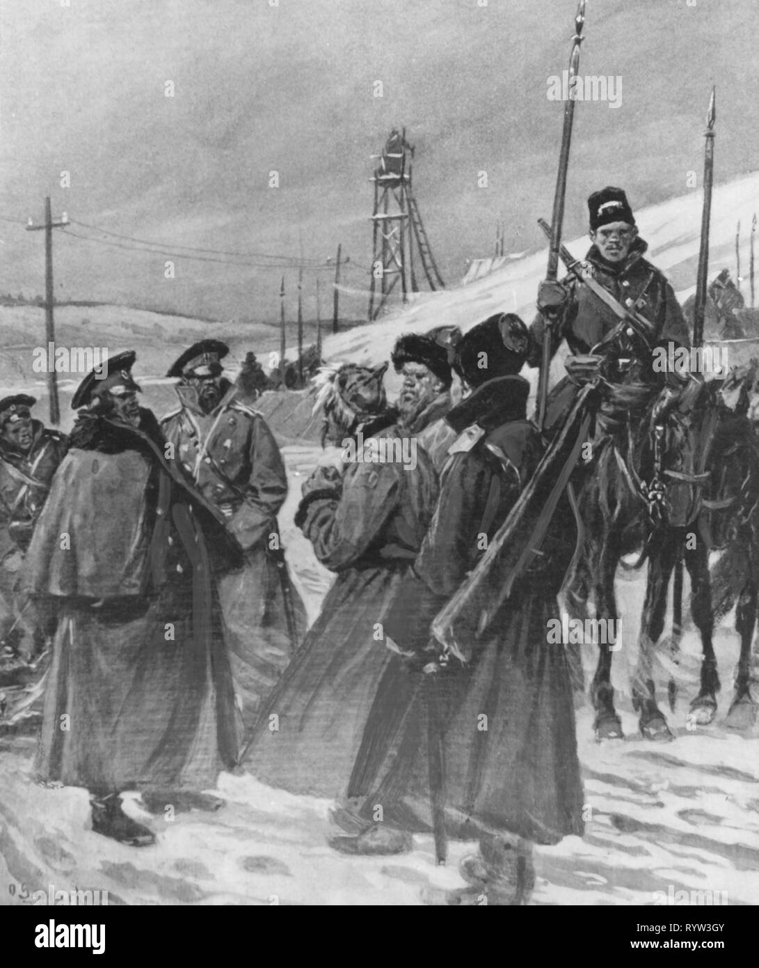 Guerra Russo-giapponese 1904 - 1905, arresto di spys giapponese presso la ferrovia Transsiberian, incisione su legno di O. Gerlach, Russo, Giapponese, il Giappone, la Russia e il servizio di intelligence, intelligenza, Central Intelligence Agency, servizio di sicurezza, MI-5, Defence Intelligence Agency, spionaggio, soldati, soldato, militare, cosacchi, persone, inverno, la neve, Impero Russo, czardom, tsardom, xx secolo, 1900s, guerra, guerre, sotto arresto, spy, spies, ferrovia, ferrovia, ferrovie, ferrovie, storico, storico, artista del diritto d'autore non deve essere cancellata Foto Stock