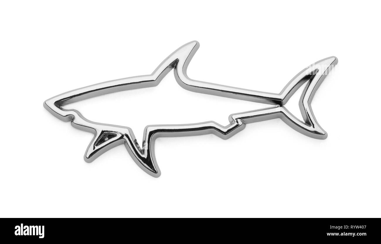 Chrome Shark Badge auto isolato su bianco. Foto Stock