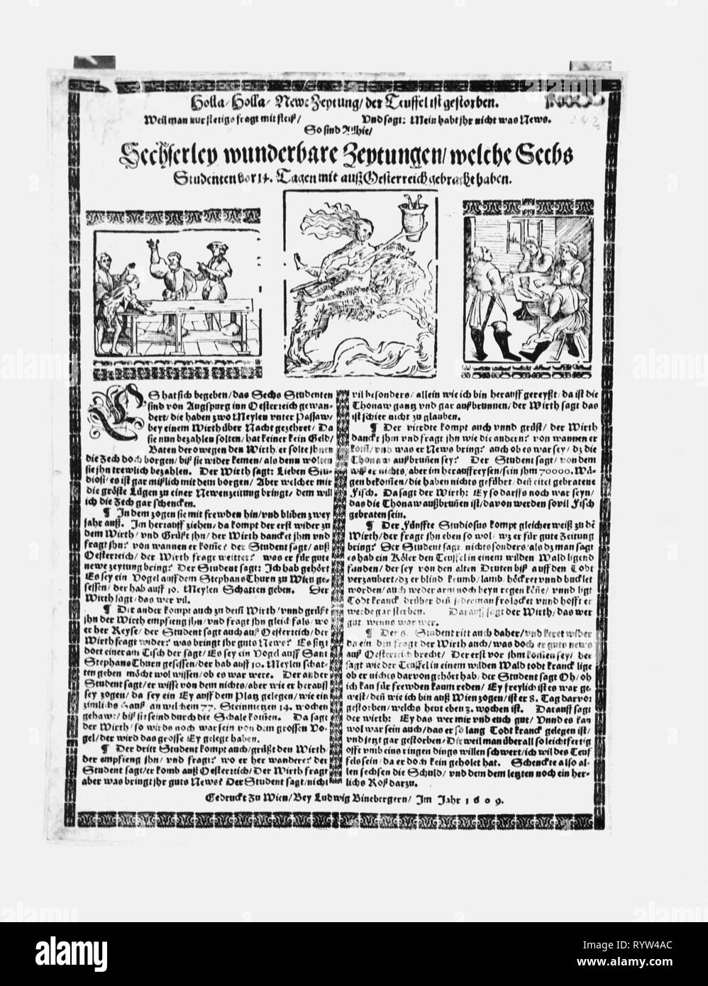 Premere il tasto / media, riviste, 'Sechserley wunderbare Zeytungen' (sei diverse carte miracolosa), flyer, stampa: Ludwig Bineberger, Vienna, 1609, artista del diritto d'autore non deve essere cancellata Foto Stock