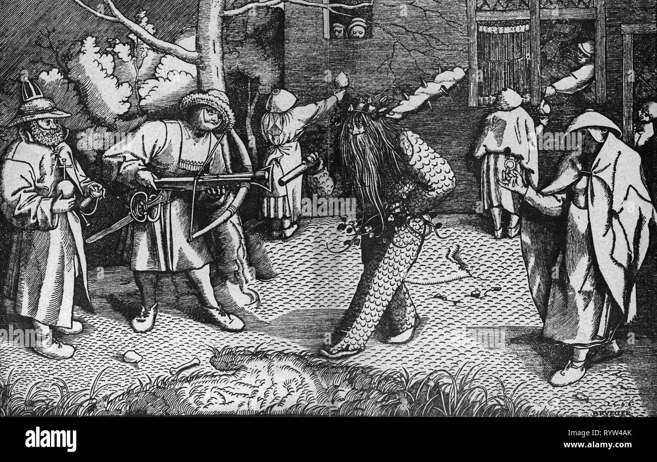 Il carnevale, 'The Masquerade di Orson e San Valentino o l'uomo selvatico di bosco, incisione su legno, di Pieter Bruegel il Vecchio (circa 1525 - circa 1569), 1566, Additional-Rights-Clearance-Info-Not-Available Foto Stock