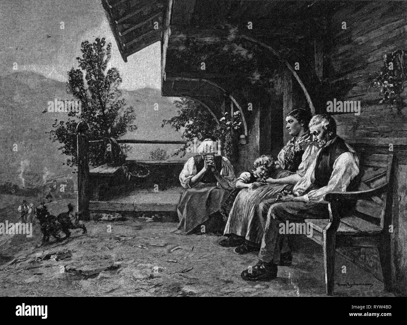 La religione, il cristianesimo, preghiera, "Beim Klang der Abendglocken' (Squillo del coprifuoco Bell), adattata dalla pittura di Hans Bachmann (1852 - 1917), incisione su legno, 1900, Additional-Rights-Clearance-Info-Not-Available Foto Stock