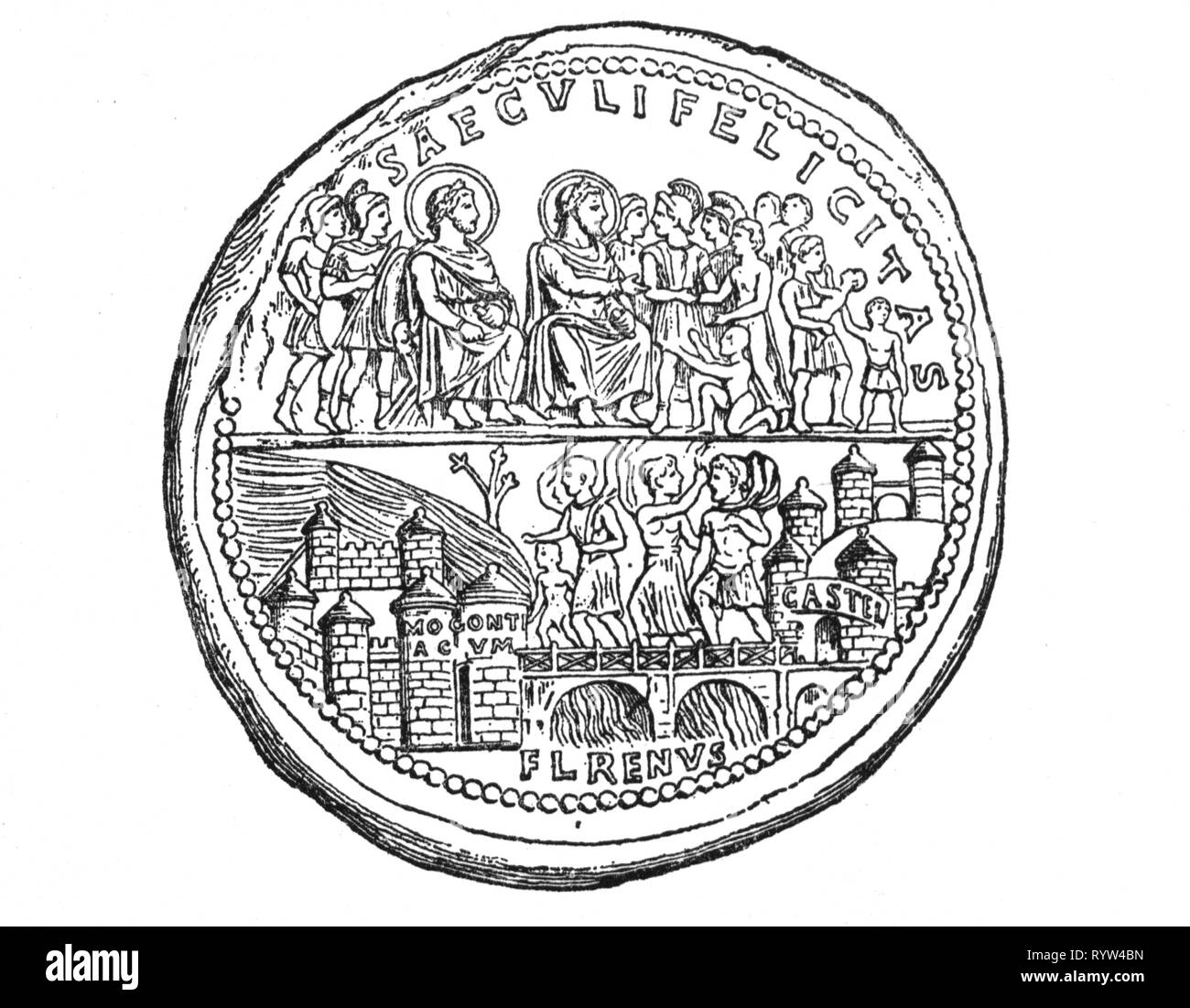 Geografia / viaggi, Germania, Mainz, antica Mogontiacum, fort e Ponte sul Reno, basata sulla moneta romana, incisione su legno, secolo XIX, Additional-Rights-Clearance-Info-Not-Available Foto Stock