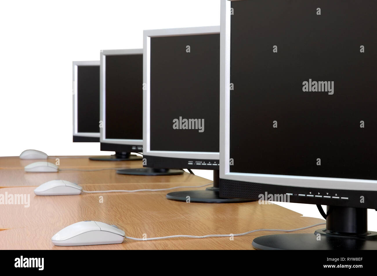 Fila di monitor per computer in classe. Sfondo bianco, isolata. Foto Stock
