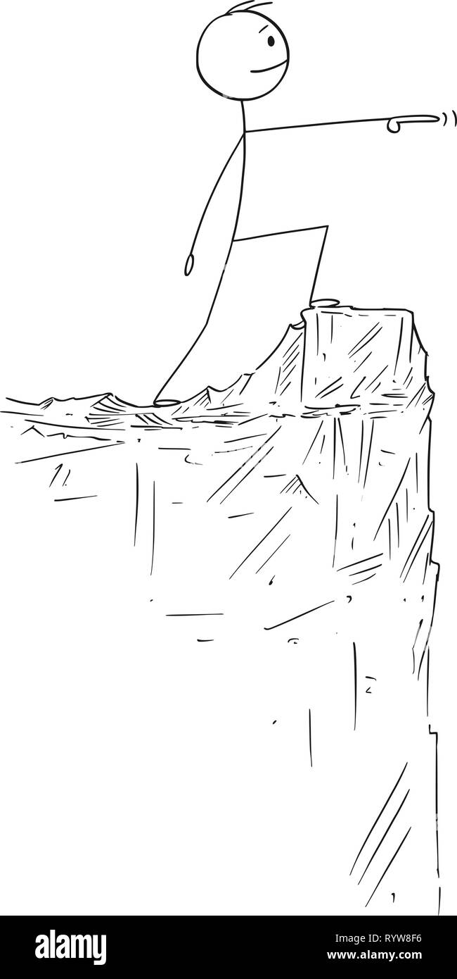 Cartoon di uomo o imprenditore in piedi sul bordo della scogliera e puntamento Illustrazione Vettoriale