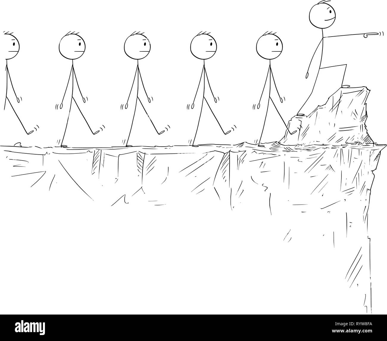 Cartoon di uomo o imprenditore in piedi sul bordo della scogliera e leader della folla di seguaci Illustrazione Vettoriale