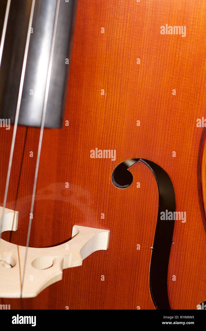 Chiusura del violoncello che mostra il ponte e stringhe Foto Stock