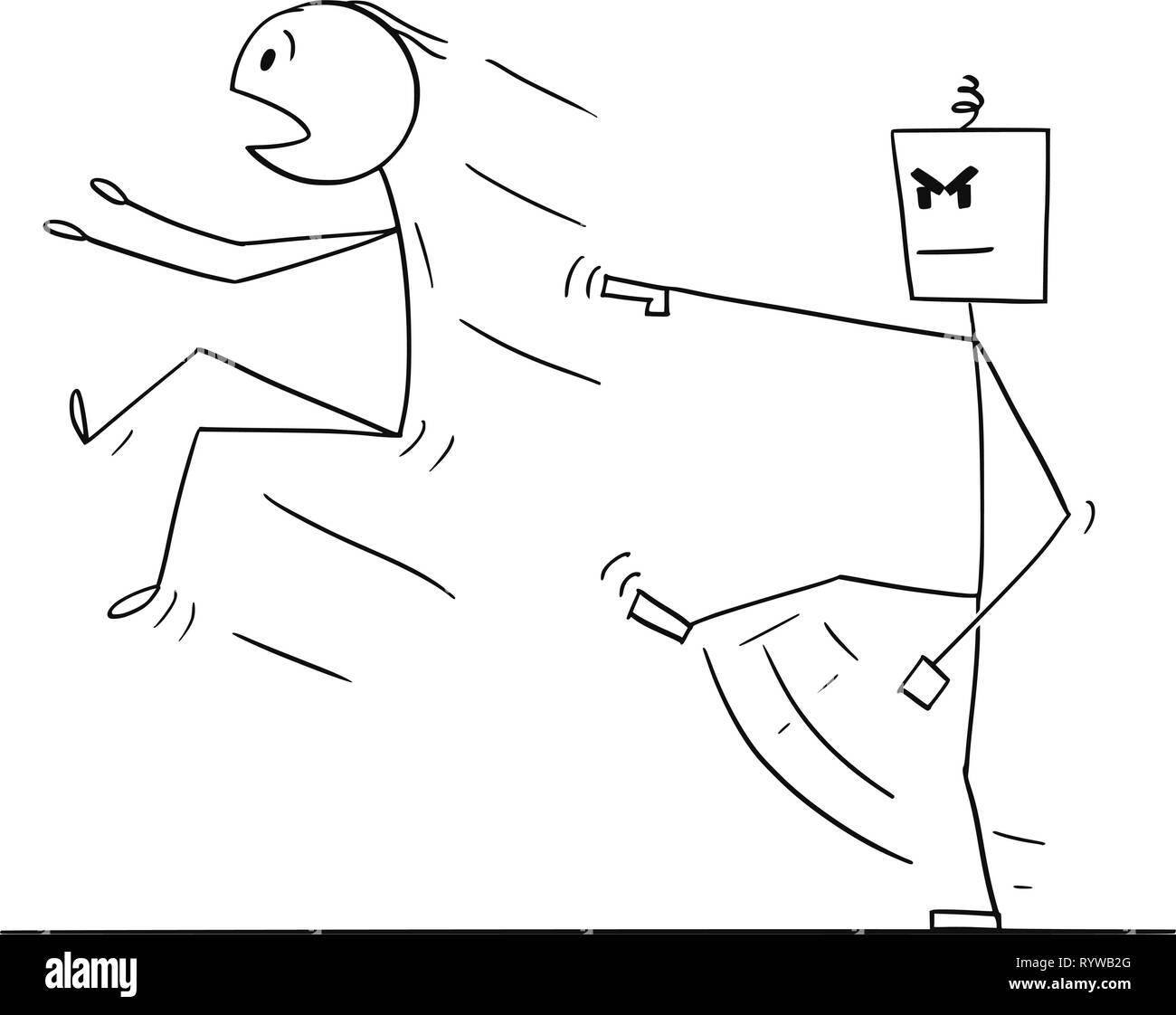 Cartoon di uomo cacciato dal robot o di intelligenza artificiale Illustrazione Vettoriale