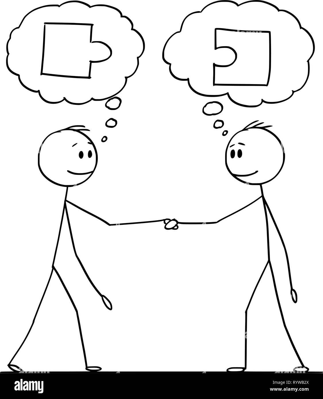 Cartoon di due uomini o imprenditori o politici lo handshaking con abbinamento di pezzi di un puzzle in mente Illustrazione Vettoriale