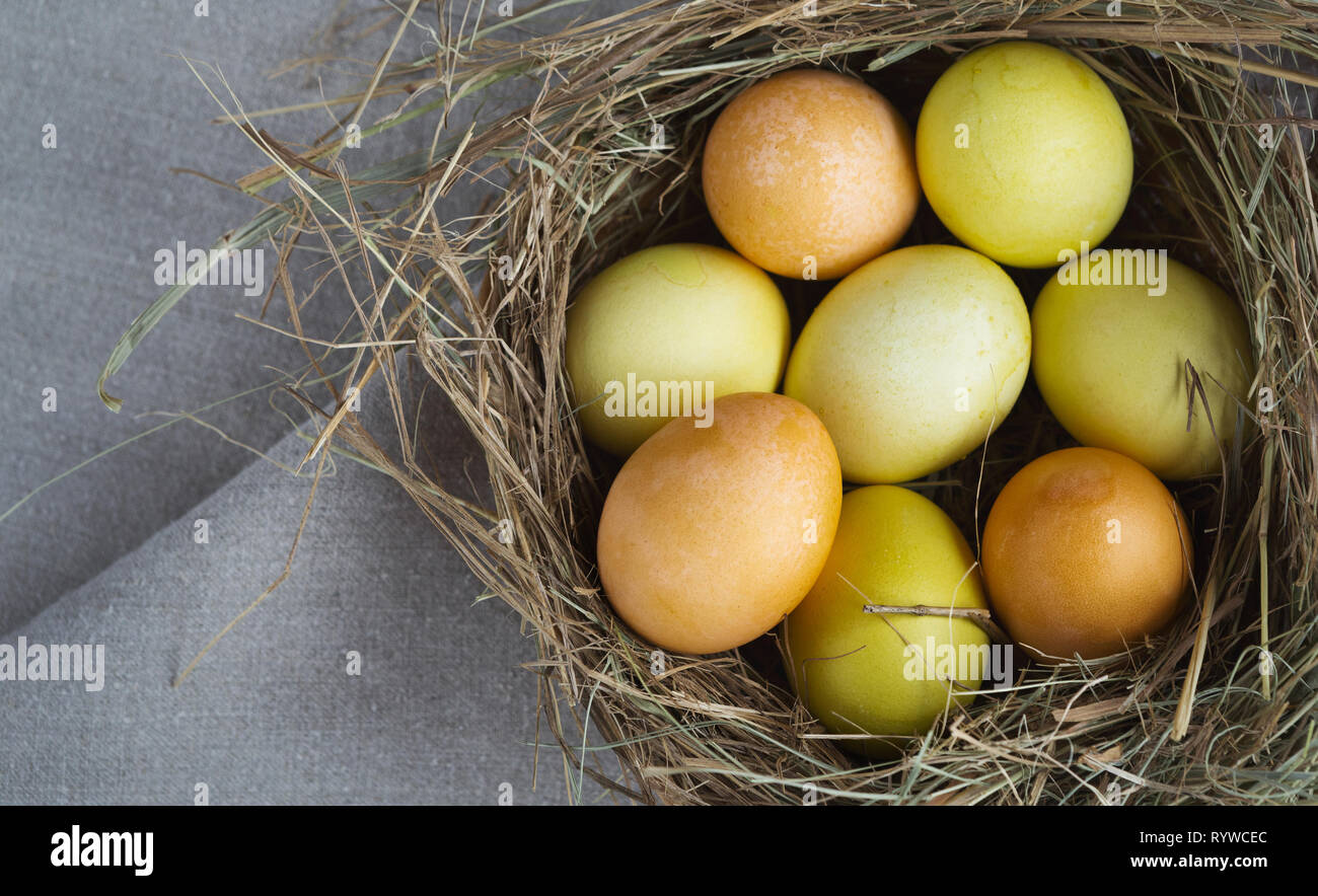 Nido con le uova di pasqua sul tavolo di legno Foto Stock