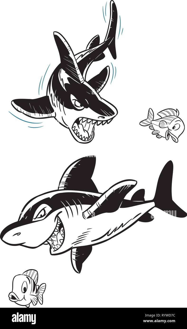 La figura mostra due squali aggressivi e due piccoli pesci come preda. Illustrazione fatto su livelli separati, isolato su sfondo bianco. Illustrazione Vettoriale