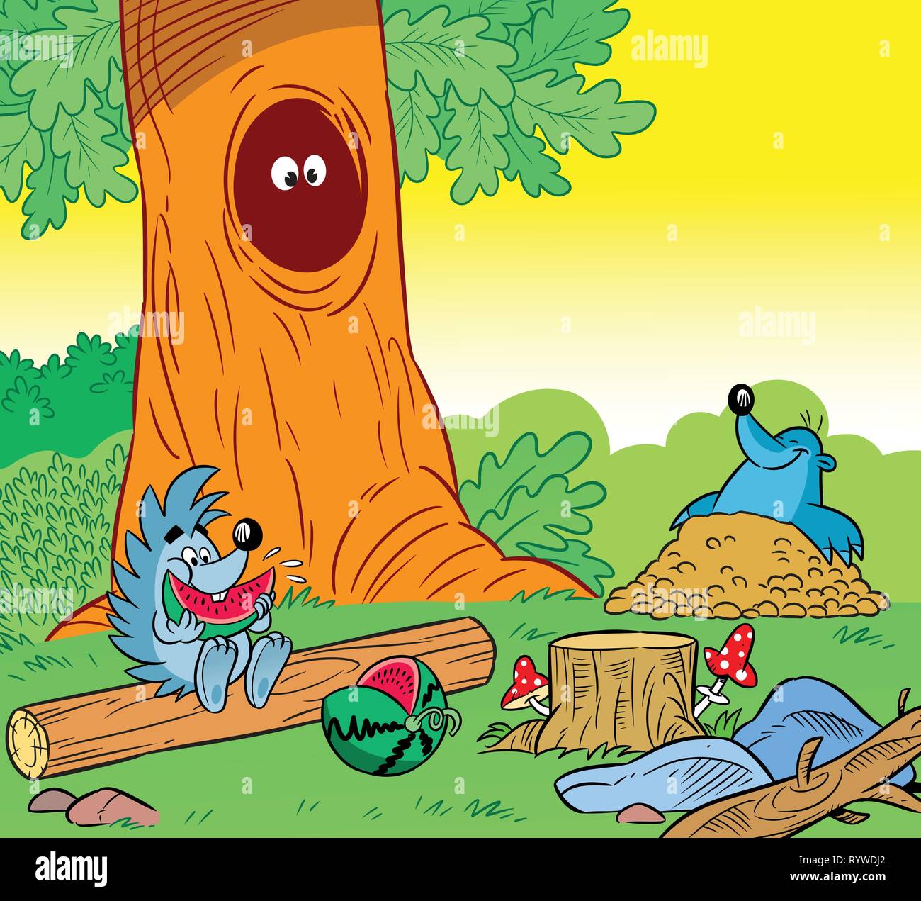 La figura mostra i piccoli animali selvatici nella foresta. Seduta Hedgehog sul legname e mangiando anguria, avuto fuori del foro mole. Illustrazione Illustrazione Vettoriale