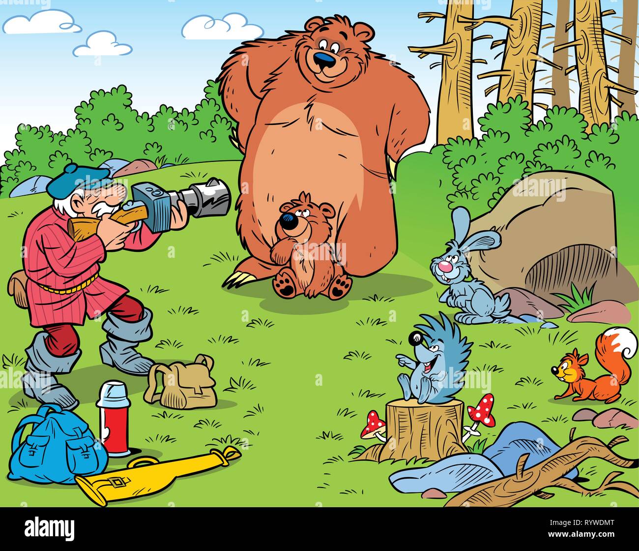 La figura mostra un cacciatore di fotografare gli animali selvatici. Illustrazione fatta in un divertente stile cartoon. Illustrazione Vettoriale
