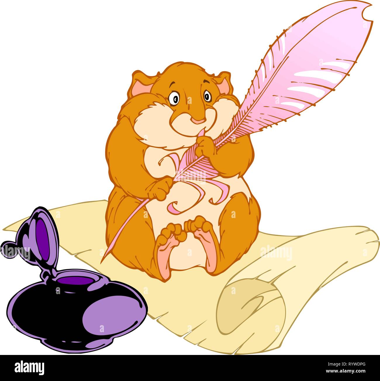 Hamster seduto su un pezzo di carta.nelle zampe di criceto penna,sta accanto a inkwell. Illustrazione Vettoriale