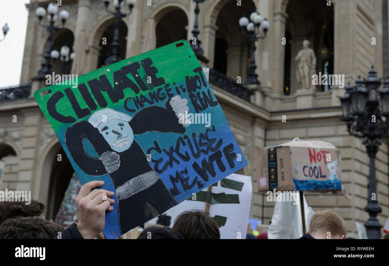 Un manifestante tiene un cartello che recita "Il cambiamento climatico non è reale. Mi scusi, WTF". Oltre 6 mila persone (per la maggior parte degli alunni che hanno saltato la scuola per prendere parte alla protesta) hanno marciato attraverso Francoforte, per protestare contro il cambiamento climatico e per l' introduzione di misure contro di essa. La protesta è stata parte del clima in tutto il mondo il giorno di sciopero dal movimento FridaysForFuture, iniziato da Greta Thunberg in Svezia. (Foto di Michael Debets/Pacific Stampa) Foto Stock