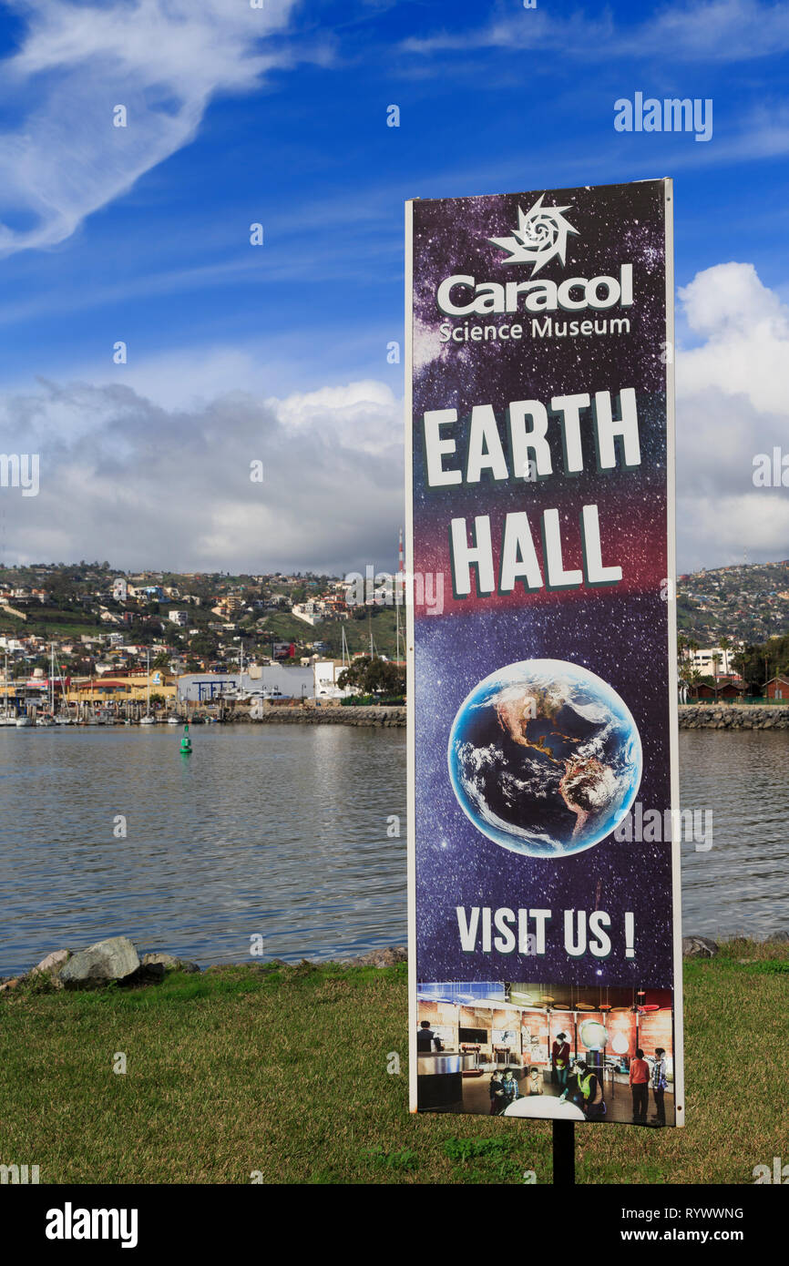 Segno per Caracol Science Museum, Ensenada City, Baja California, Messico Foto Stock