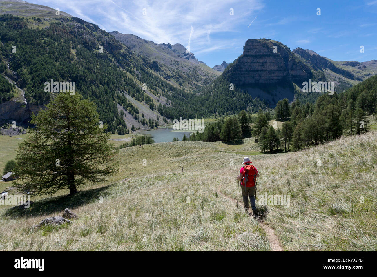 Ubaye Valley (sud-est della Francia). Escursionista, Donna che cammina verso il lago "Lac des Sagnes' Foto Stock