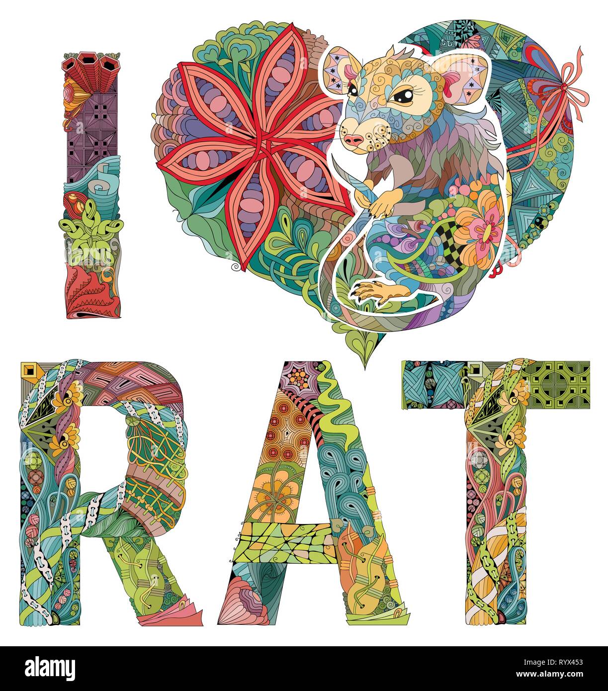 Io amo ratto con un disegno di un ratto prelevato zentangle rat per t-shirt e altre decorazioni Illustrazione Vettoriale