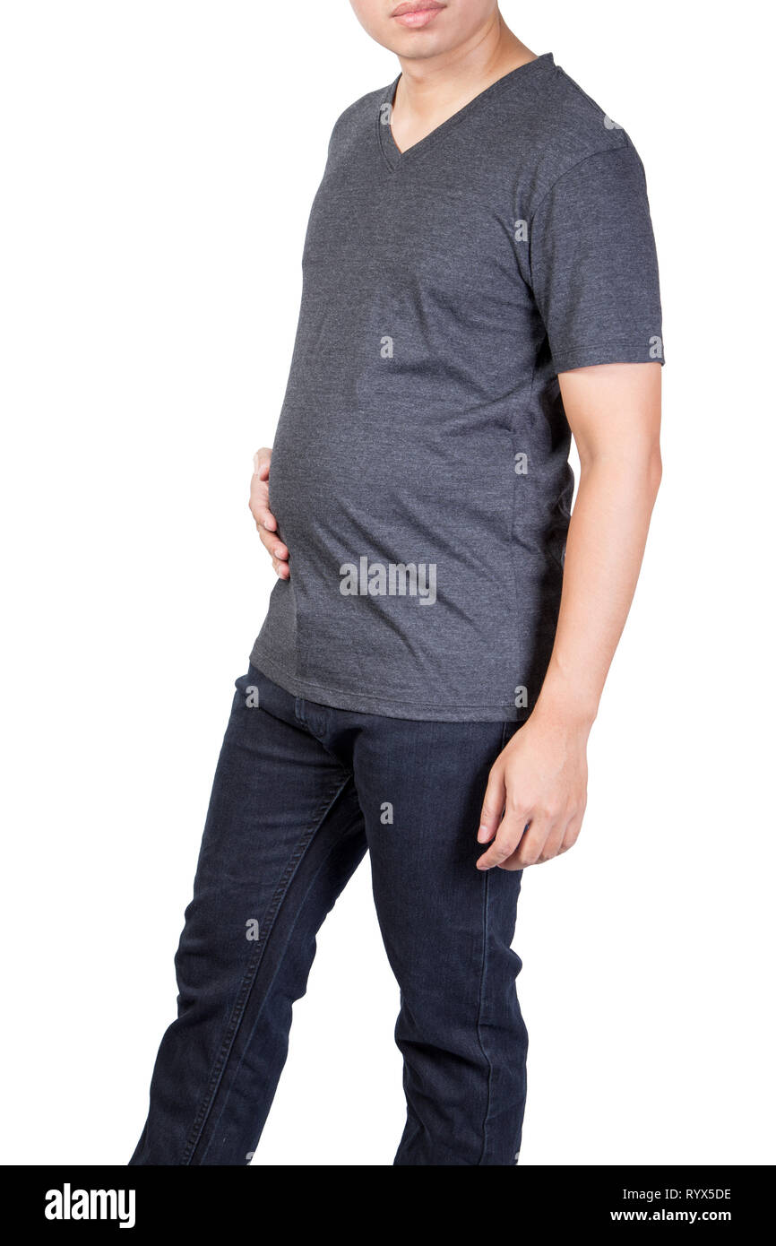 Uomo con fat belly touch holding squeeze isolato su sfondo bianco con tracciato di ritaglio Foto Stock