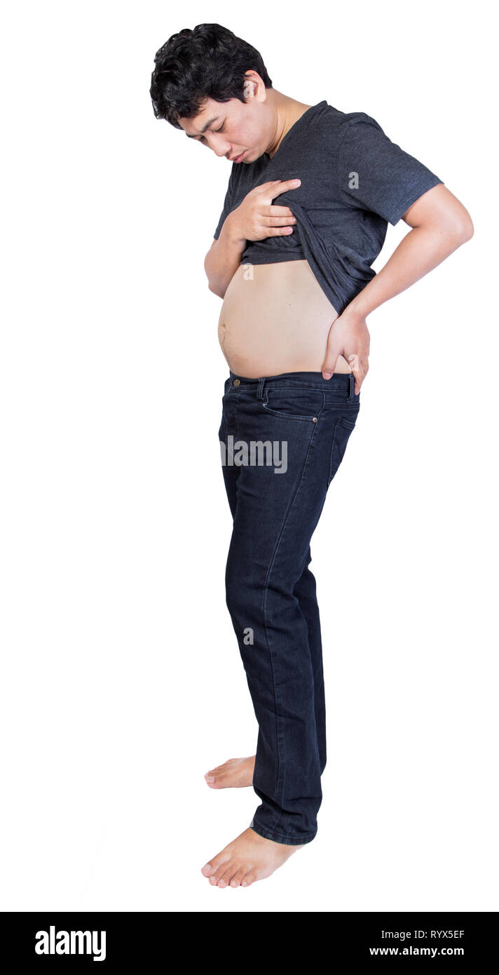 Uomo aperto fat belly annoiato faccia isolati su sfondo bianco skinny fat Foto Stock