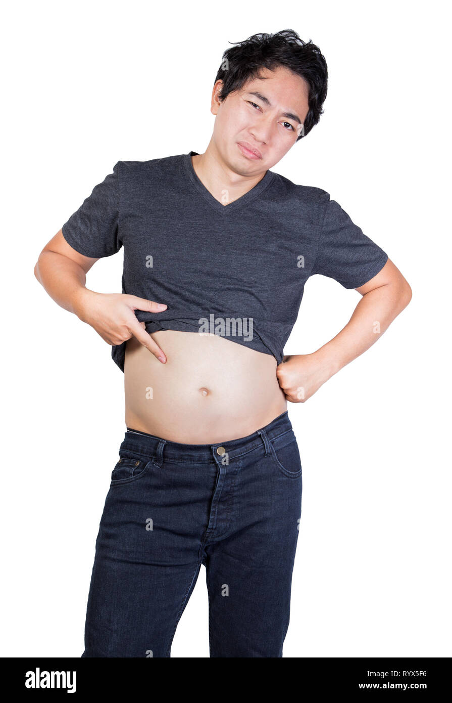 L'uomo puntare il dito fat belly annoiato faccia isolati su sfondo bianco skinny fat Foto Stock