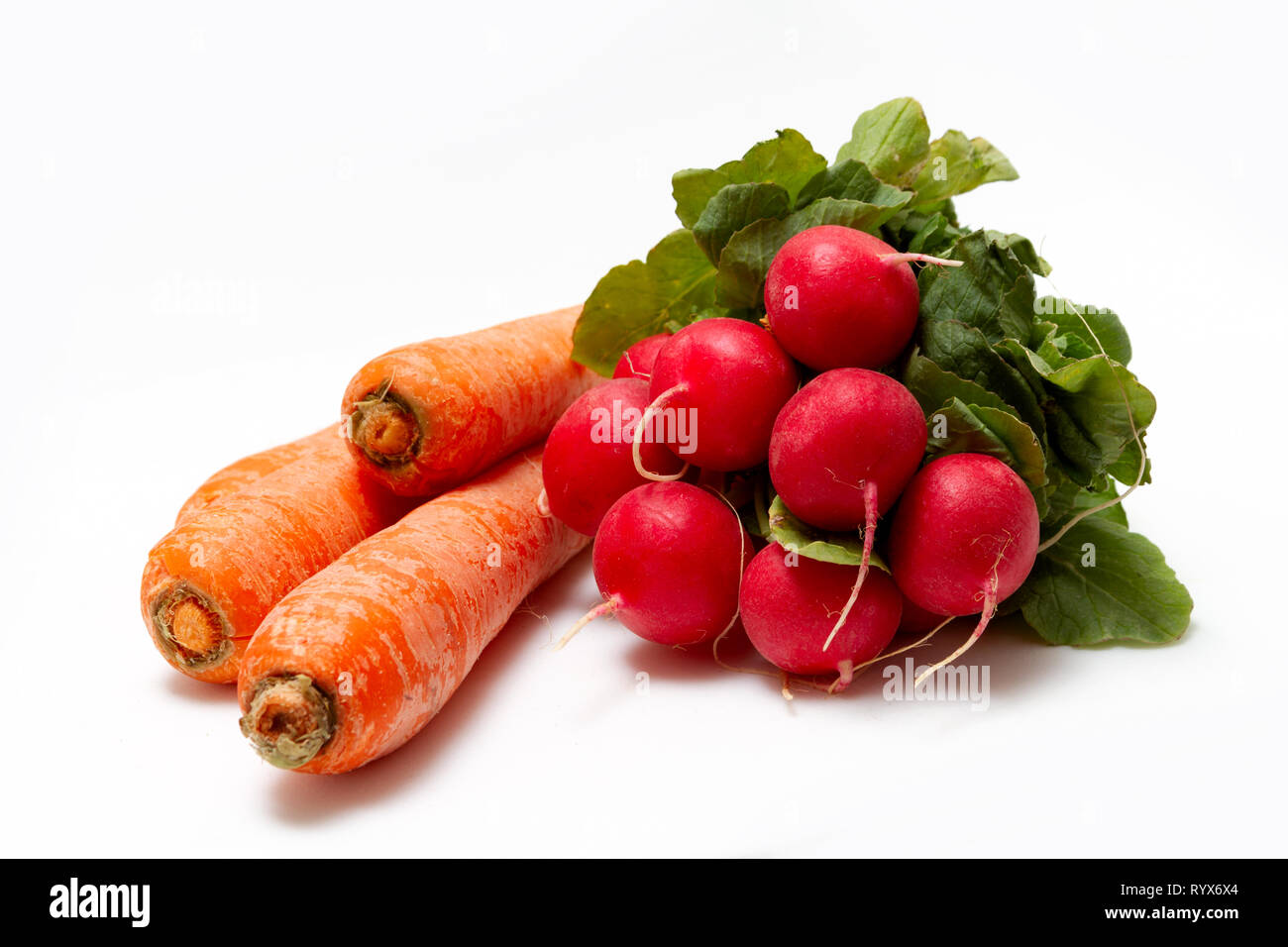 Ravanelli e carote con sfondo bianco Foto Stock
