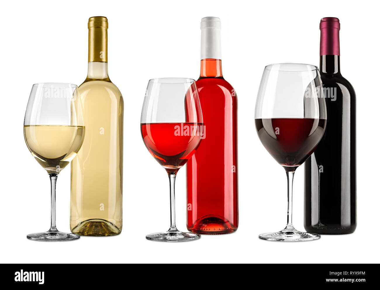 Fila di squisita bianco e rosso vino rosato bottiglia di vetro insieme alcol bevanda isolati su sfondo bianco Foto Stock