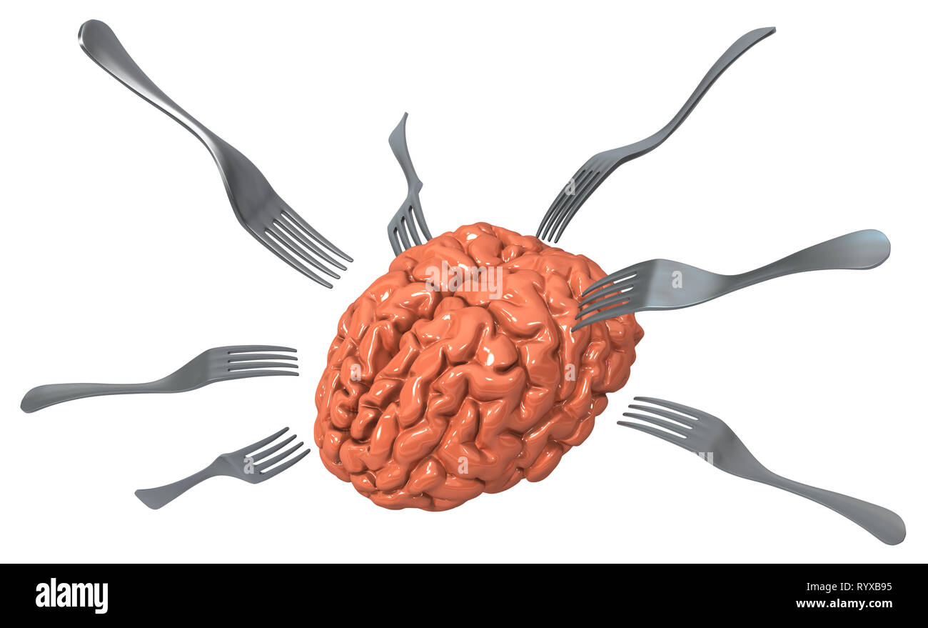 Forcelle in metallo la fame di cervello, 3d'illustrazione, orizzontale, isolata su bianco Foto Stock