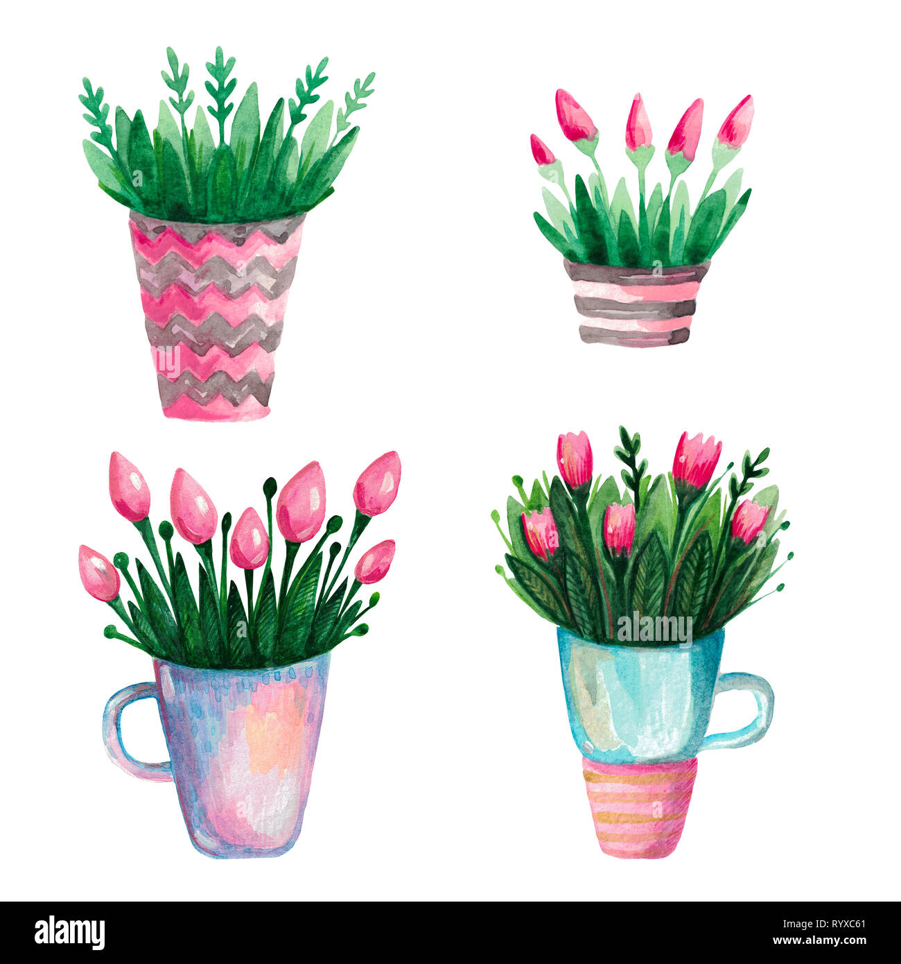 Acquerello è un insieme di fiori di primavera di tulipani in un vaso. Piante da fiore per la stampa di botanica Foto Stock