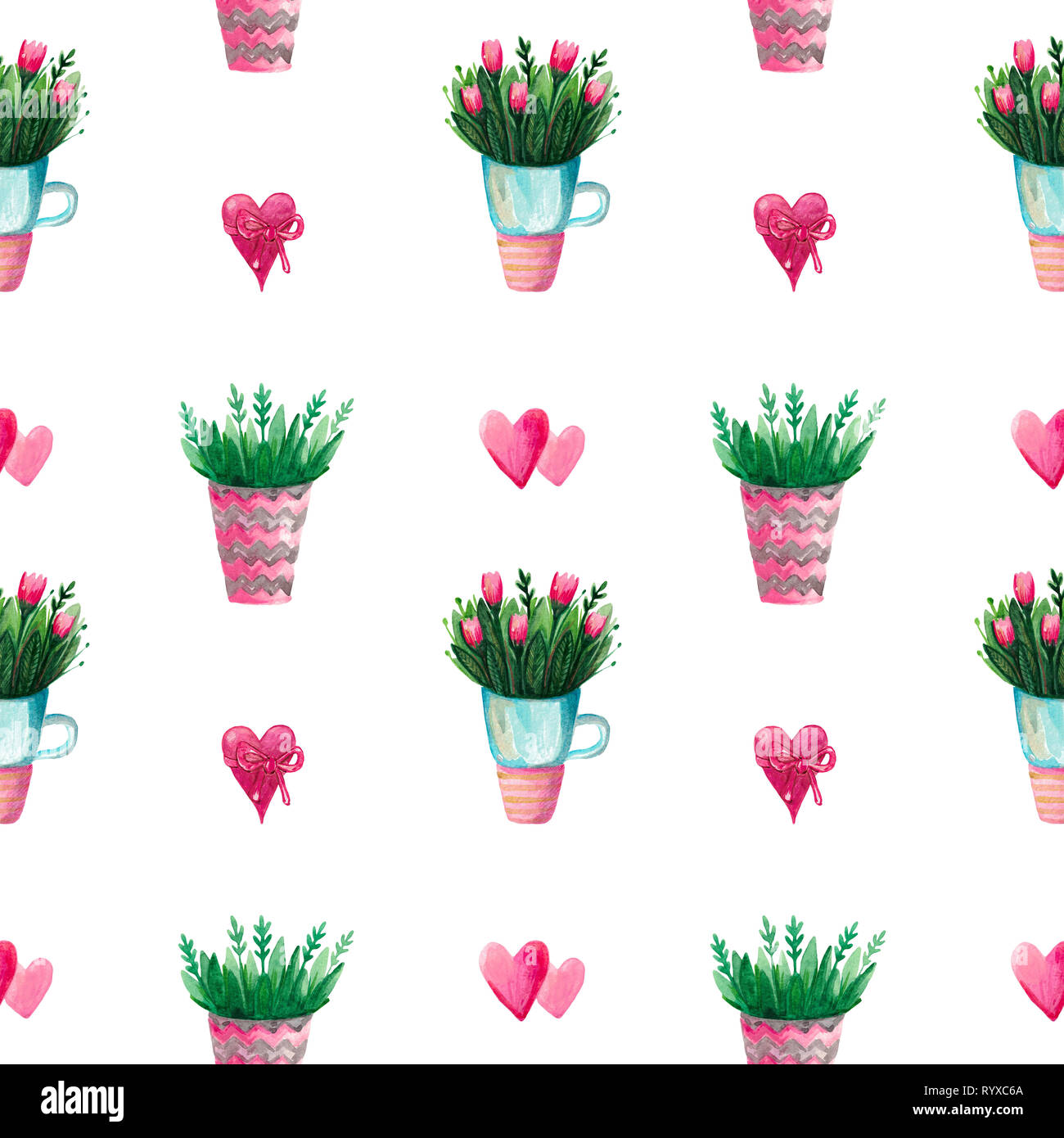 Acquerello è un insieme di fiori di primavera di tulipani in un vaso di piante fiorite per la stampa botanico pattern senza giunture Foto Stock