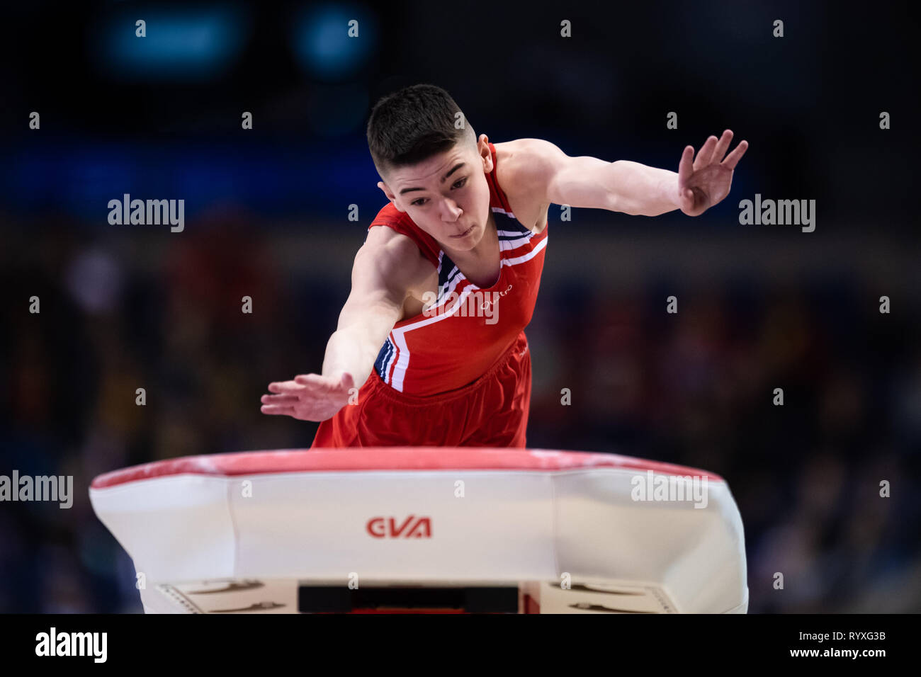 Liverpool, Regno Unito. Xv Mar, 2019. Loui Heao (City of Manchester Institute of) in MAG sotto 14 - Sottodivisione 1, Vault durante il 2019 la ginnastica del Campionato Britannico a M&S Bank Arena il Venerdì, 15 marzo 2019. LIVERPOOL ENGLAND. (Solo uso editoriale, è richiesta una licenza per uso commerciale. Nessun uso in scommesse, giochi o un singolo giocatore/club/league pubblicazioni.) Credito: Taka G Wu/Alamy News Credito: Taka Wu/Alamy Live News Foto Stock