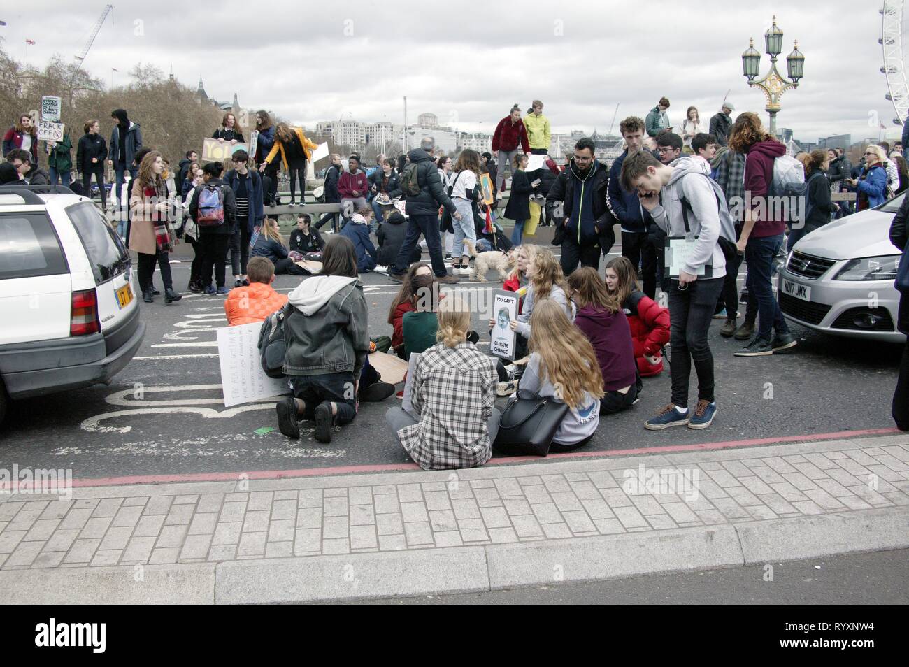 Londra, Regno Unito. 15 mar 2019. 2. REGNO UNITO-wide sciopero della gioventù per il clima porta la piazza del Parlamento e Westminster Bridge fino a fermarsi dopo i manifestanti bloccano il traffico in due principali rotte verso l'area Credito: Knelstrom Ltd/Alamy Live News Foto Stock