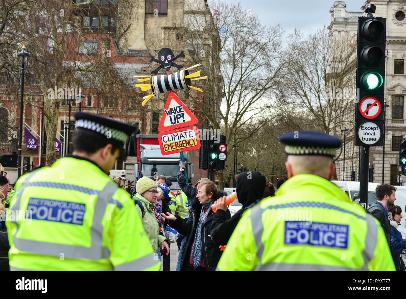 Londra, Regno Unito. Xv Mar, 2019. Studente attivista nella piazza del Parlamento. Scuola gli studenti stanno andando in sciopero in tutta la Gran Bretagna oggi più impegnativa azione sul cambiamento climatico. Credito: Claire Doherty/Alamy Live News Foto Stock
